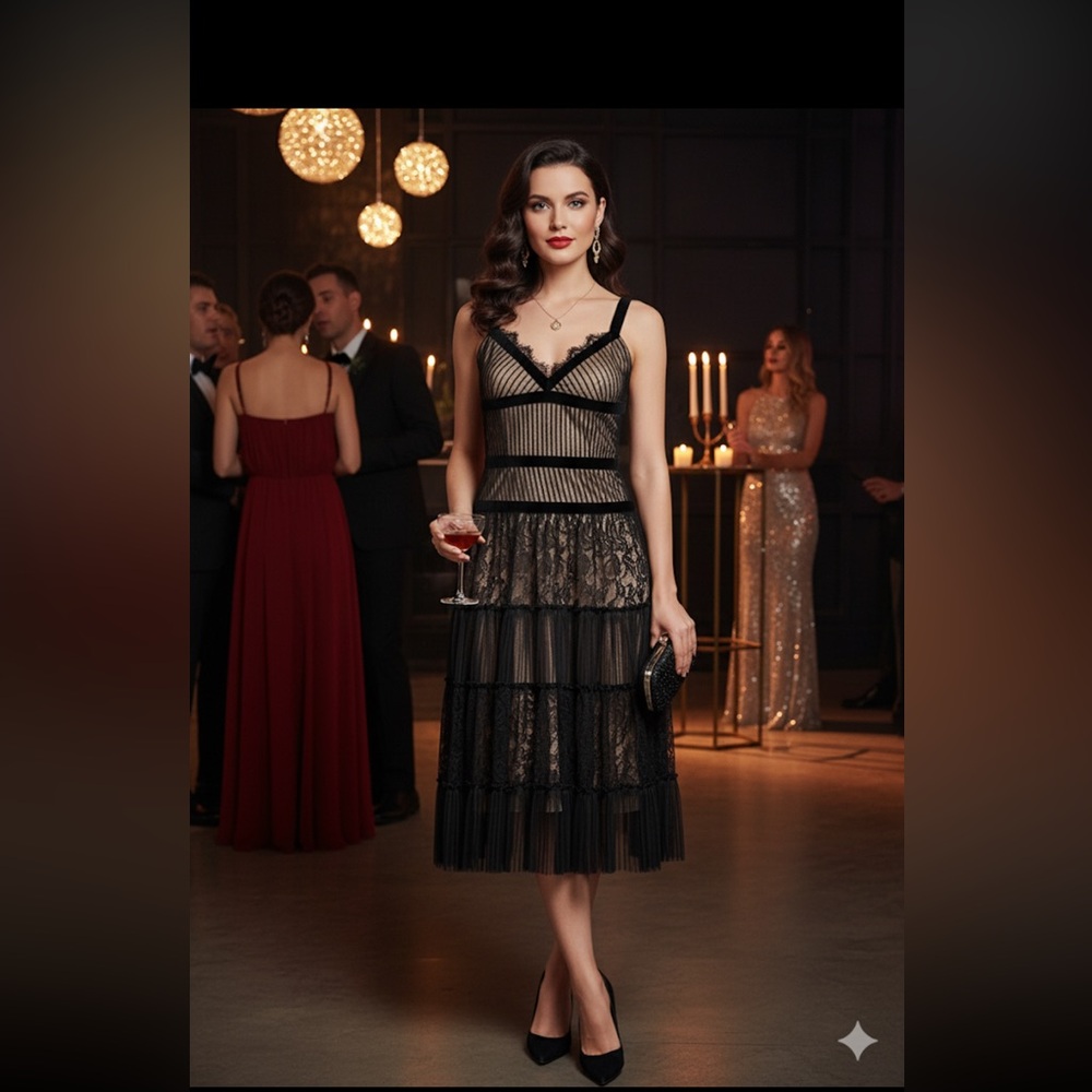 BCBGMAXAZRIA Black Tiered Lace & Tulle Cocktail Dress Size 4